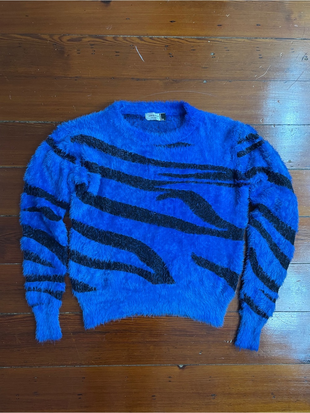 Jon & Anna NY Fuzzy Blue Animal Stripe Eyelash Knit Crewneck Sweater Sz 1X 💚🎀